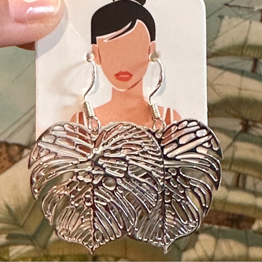 Sterling silver hook Filigree Monstera Dangle Earrings Made on Maui